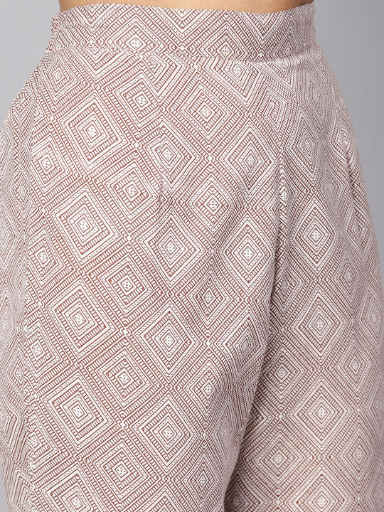 Anayna Women Beige & Pink Printed Kurta with Trousers