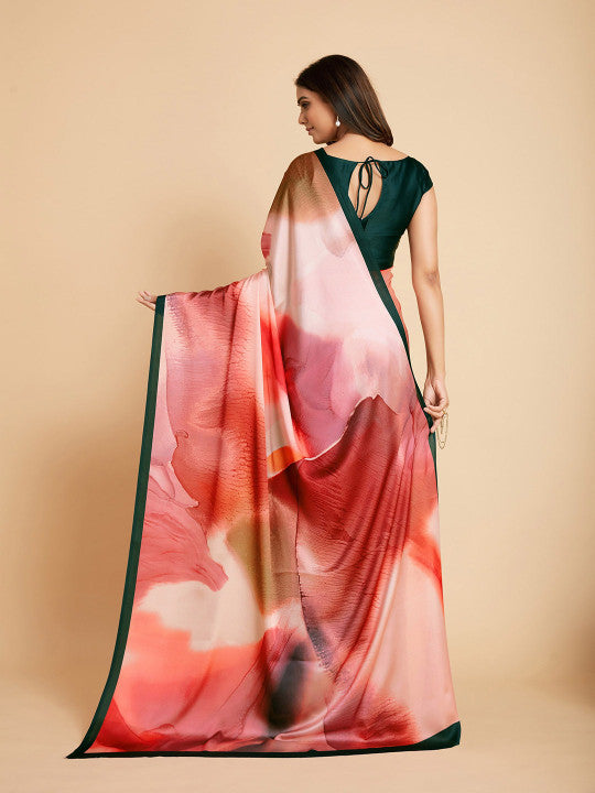Sangria Peach-Coloured & Blue Satin Ready to Wear Saree