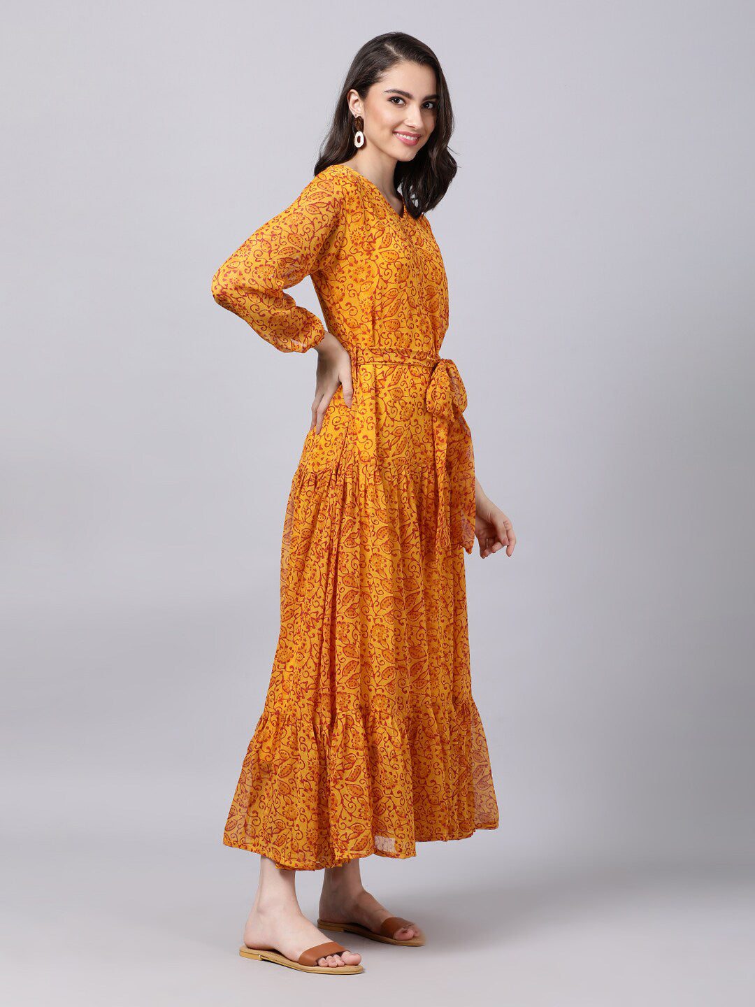 Souchii Yellow Floral Layered Chiffon Maxi Dress