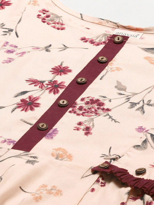 Anayna Women Peach-Coloured & Burgundy Floral Print A-Line Maternity Kurta