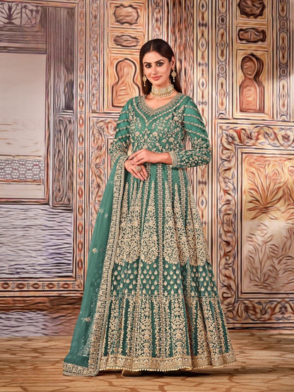 Anaita Green Embroidered Net Anarkali Suit