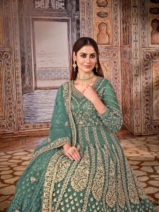 Anaita Green Embroidered Net Anarkali Suit