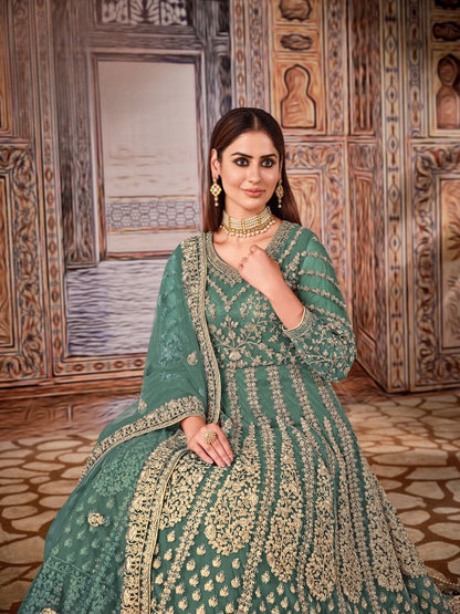 Anaita Green Embroidered Net Anarkali Suit