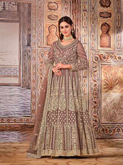Anaita Light Brown Embroidered Net Anarkali Suit