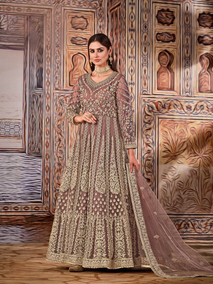 Anaita Light Brown Embroidered Net Anarkali Suit