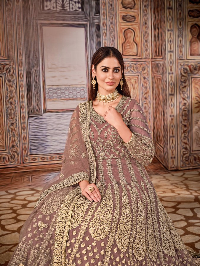 Anaita Light Brown Embroidered Net Anarkali Suit