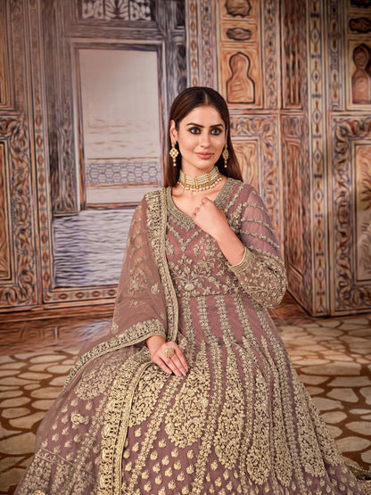 Anaita Light Brown Embroidered Net Anarkali Suit