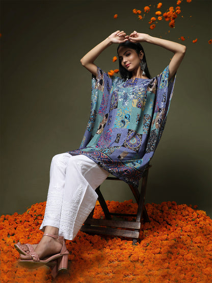 HOUSE OF KARI Ethnic Motifs Printed Notched Neck Chikankari Embroidery Cotton Kaftan Kurta