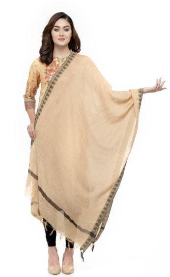 A R Silk Women's Cotton Self Design Golden Regular Dupatta with Black Border