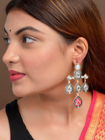 Shoshaa Gold-Polished Balck & Pink Kundan Enamel Drop Earrings