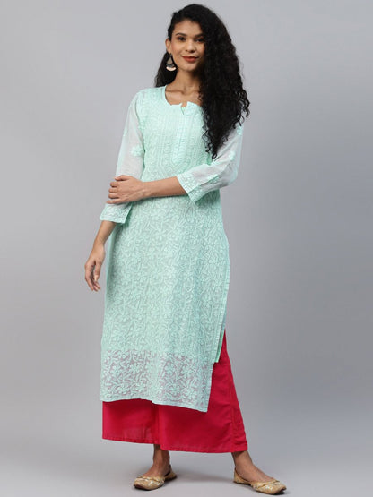 ADA Women Sea Green Chikankari Hand Embroidered Straight Kota Handloom Kurta With Matching Slip