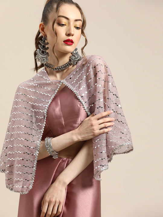 Tikhi Imli Trendy Mauve Sleek Poly Crepe Saree with Embellished Border & Cape
