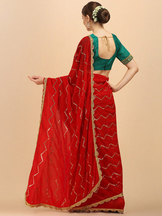 Sangria Stripped Embellished Sequinned Saree With Embroidered Blouse