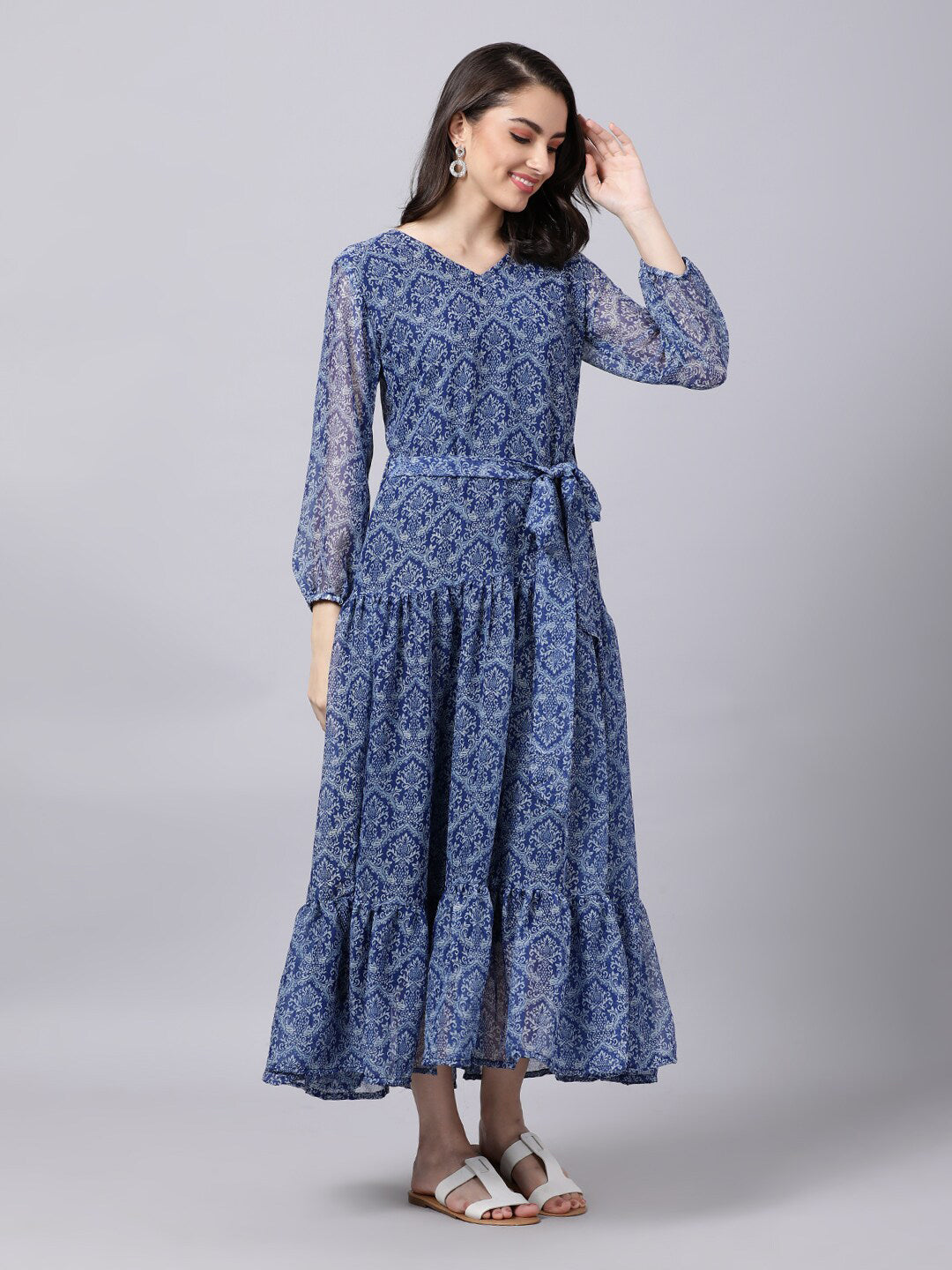 Souchii Blue Ethnic Motifs Printed Chiffon Maxi Tiered Dress