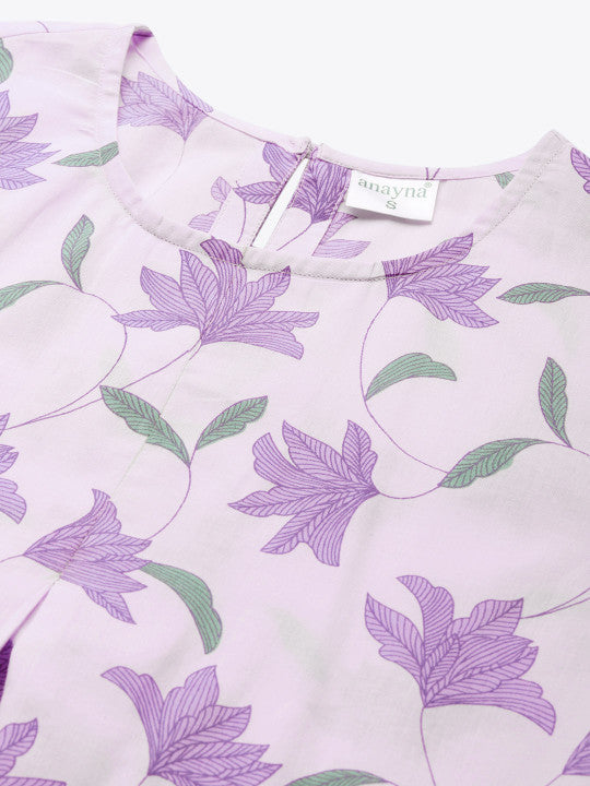Anayna Women Lavender & Green Romantic Floral Print Cotton A-Line Pastel Kurta