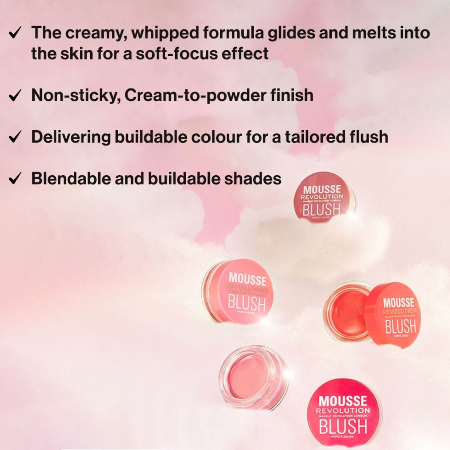 Makeup Revolution Mousse Blush - For Cheeks & Eyes Non Sticky-Soft Focus Effect - Squeeze Me Soft Pink