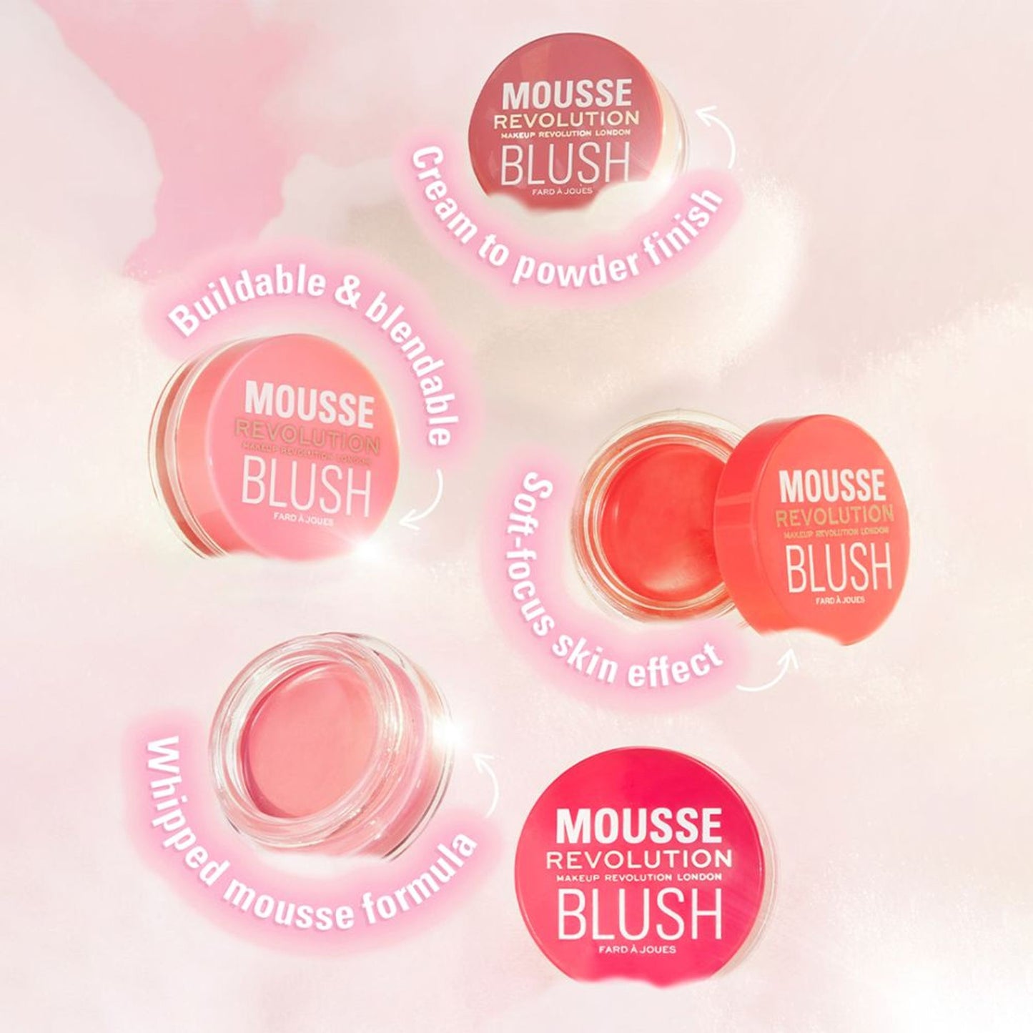 Makeup Revolution Mousse Blush - For Cheeks & Eyes Non Sticky-Soft Focus Effect - Grape Fruit Coral