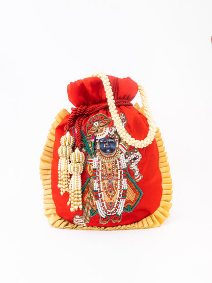 NR By Nidhi Rathi Red & White SHRINATHJI Embroidered Potli Clutch