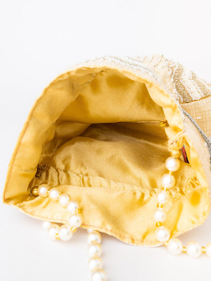 NR By Nidhi Rathi Cream-Coloured & Gold-Toned Embellished Potli Clutch