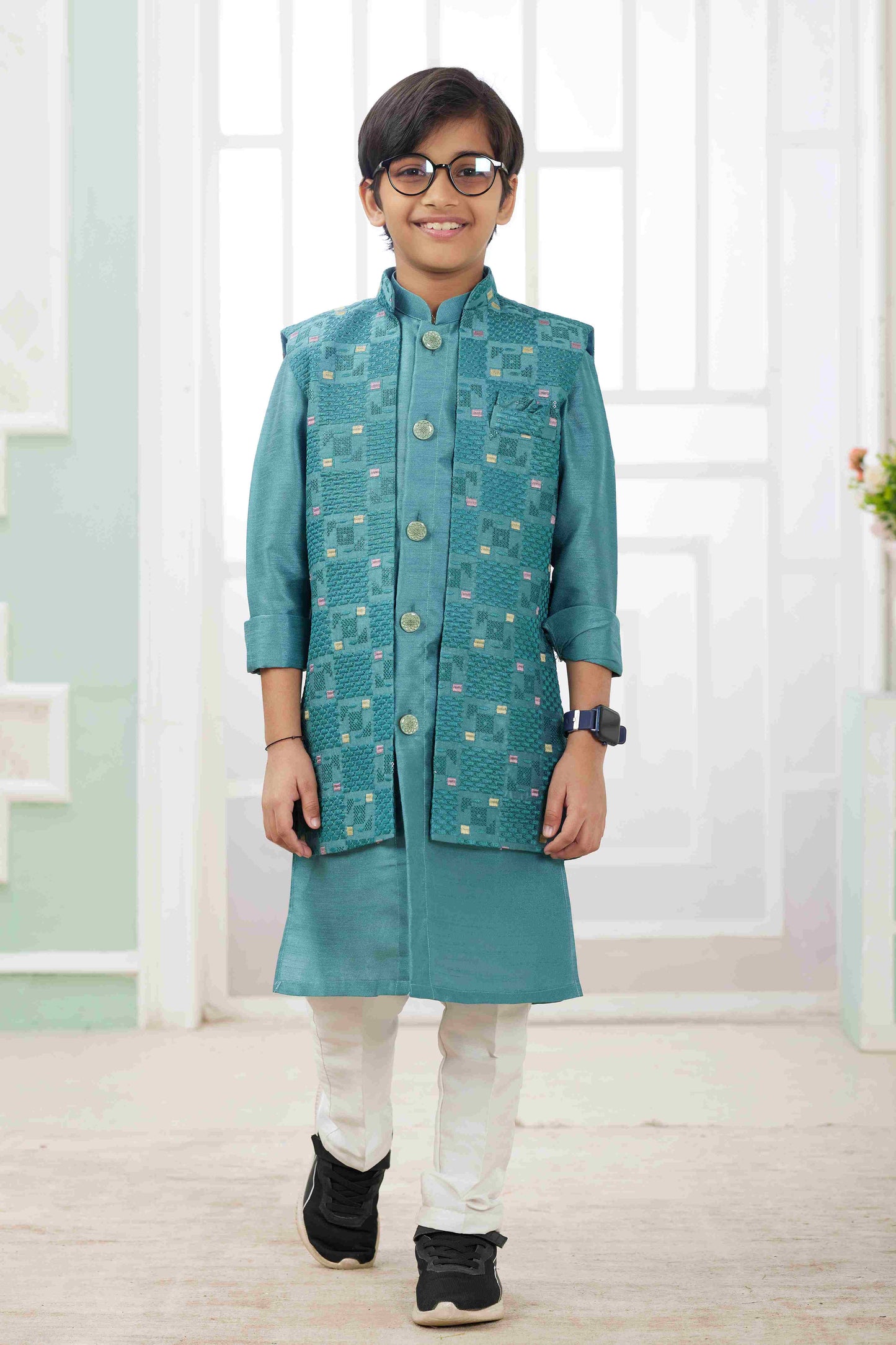 Raivat Ethnic Art Silk Embroidery Work 3 Pics Jacket Set In Rama Green Colour