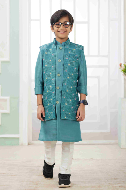 Raivat Ethnic Art Silk Embroidery Work 3 Pics Jacket Set In Rama Green Colour
