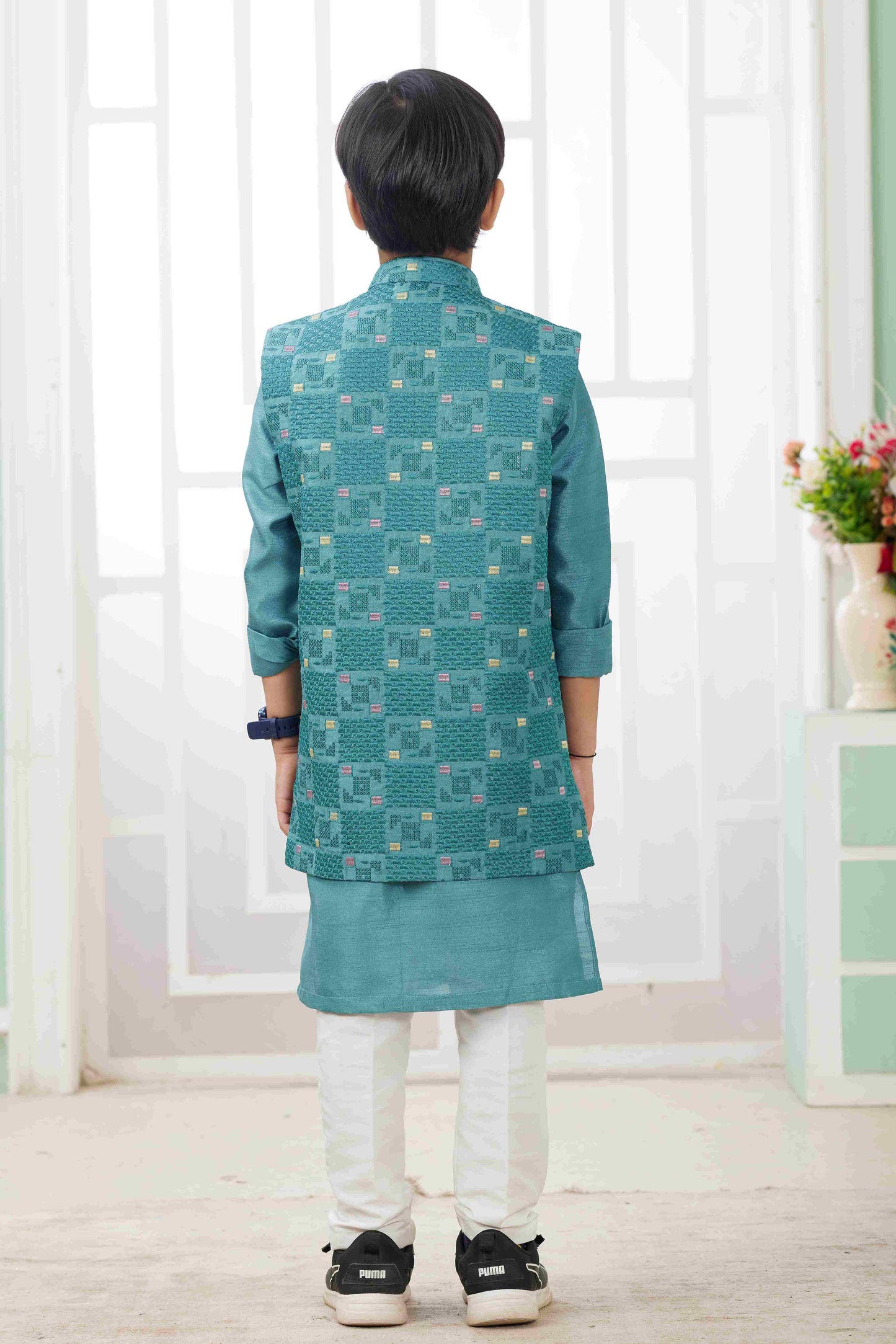 Raivat Ethnic Art Silk Embroidery Work 3 Pics Jacket Set In Rama Green Colour