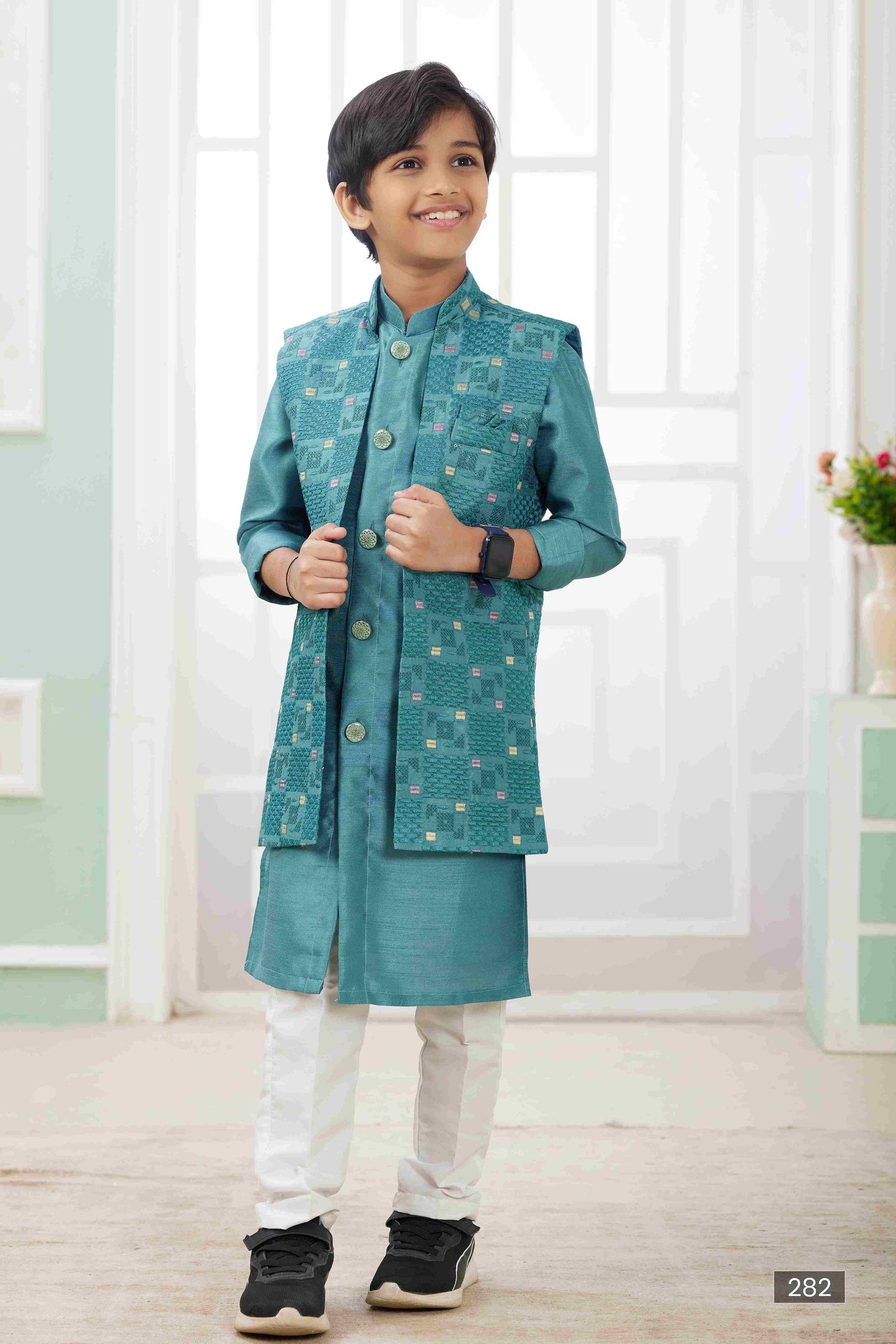 Raivat Ethnic Art Silk Embroidery Work 3 Pics Jacket Set In Rama Green Colour