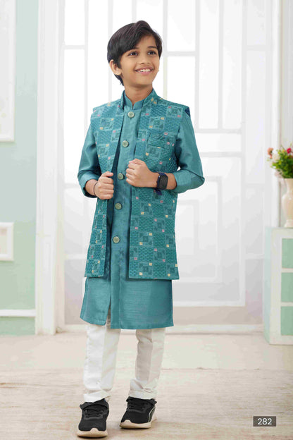 Raivat Ethnic Art Silk Embroidery Work 3 Pics Jacket Set In Rama Green Colour