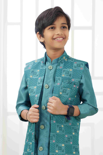 Raivat Ethnic Art Silk Embroidery Work 3 Pics Jacket Set In Rama Green Colour