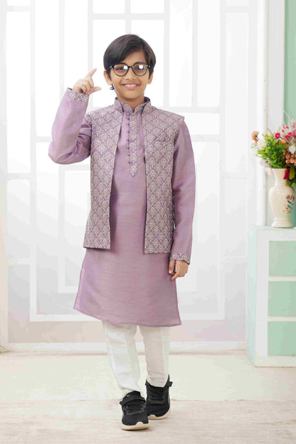 Raivat Ethnic Art Silk Embroidery Work 3 Pics Jacket Set In Dark Onion Pink Colour