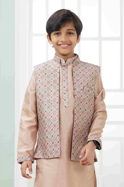 Raivat Ethnic Art Silk Embroidery Work 3 Pics Jacket Set In Peach Colour