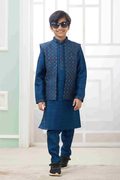 Raivat Ethnic Art Silk Embroidery Work 3 Pics Jacket Set In Teal Blue Colour