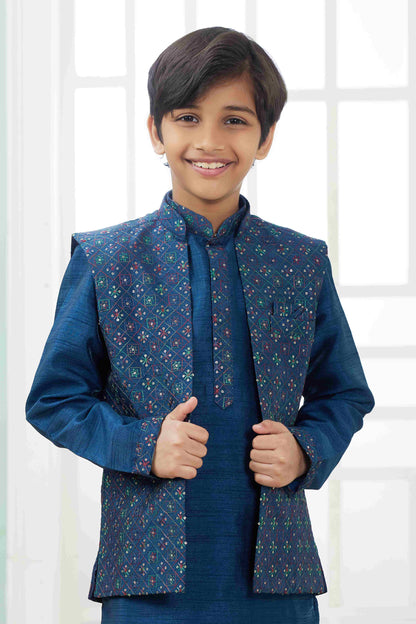 Raivat Ethnic Art Silk Embroidery Work 3 Pics Jacket Set In Teal Blue Colour