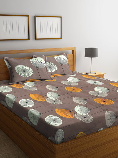 KLOTTHE Brown & Yellow Floral 210 TC Cotton Bedsheet with Pillow Cover
