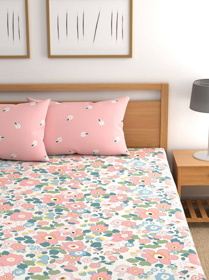 CHHAVI INDIA Pink & Blue Floral 210 TC Bedsheet with Pillow Covers