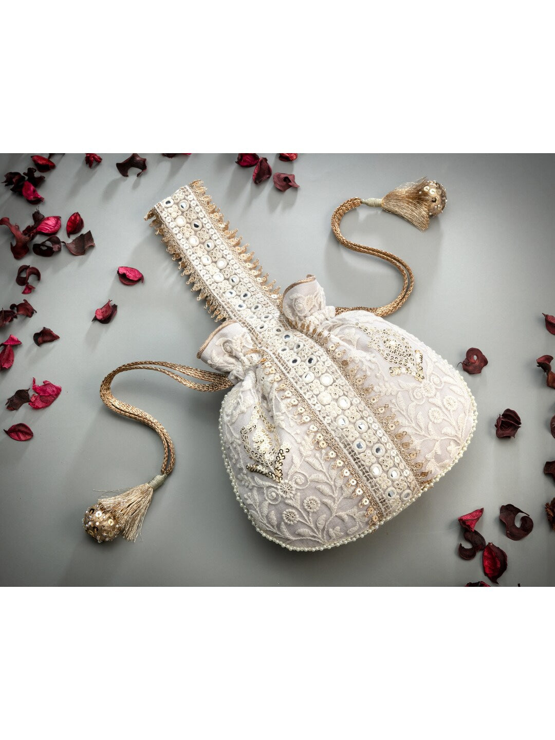 Masq Off White & Gold-Toned Embellished Embroidered Potli Clutch