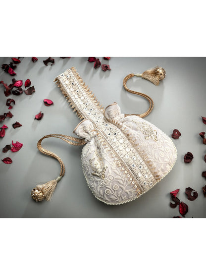 Masq Off White & Gold-Toned Embellished Embroidered Potli Clutch