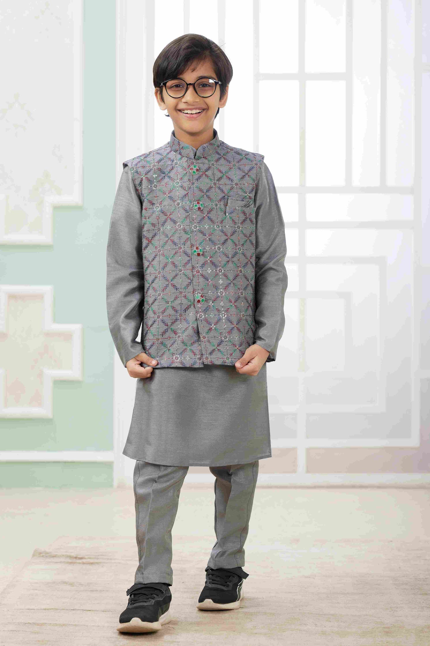 Raivat Ethnic Art Silk Embroidery Work 3 Pics Jacket Set In Dark Grey Colour