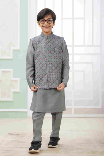 Raivat Ethnic Art Silk Embroidery Work 3 Pics Jacket Set In Dark Grey Colour