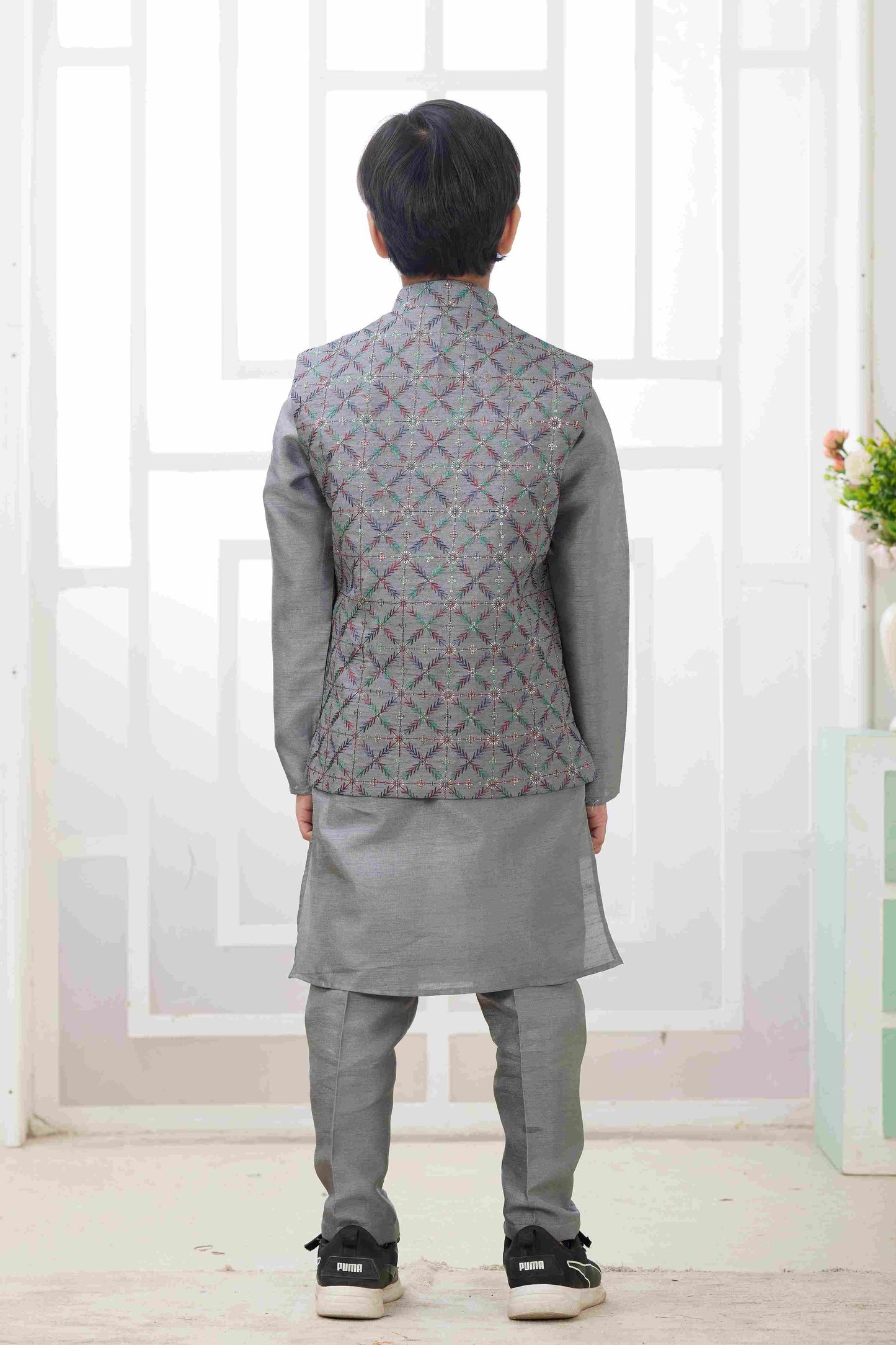 Raivat Ethnic Art Silk Embroidery Work 3 Pics Jacket Set In Dark Grey Colour