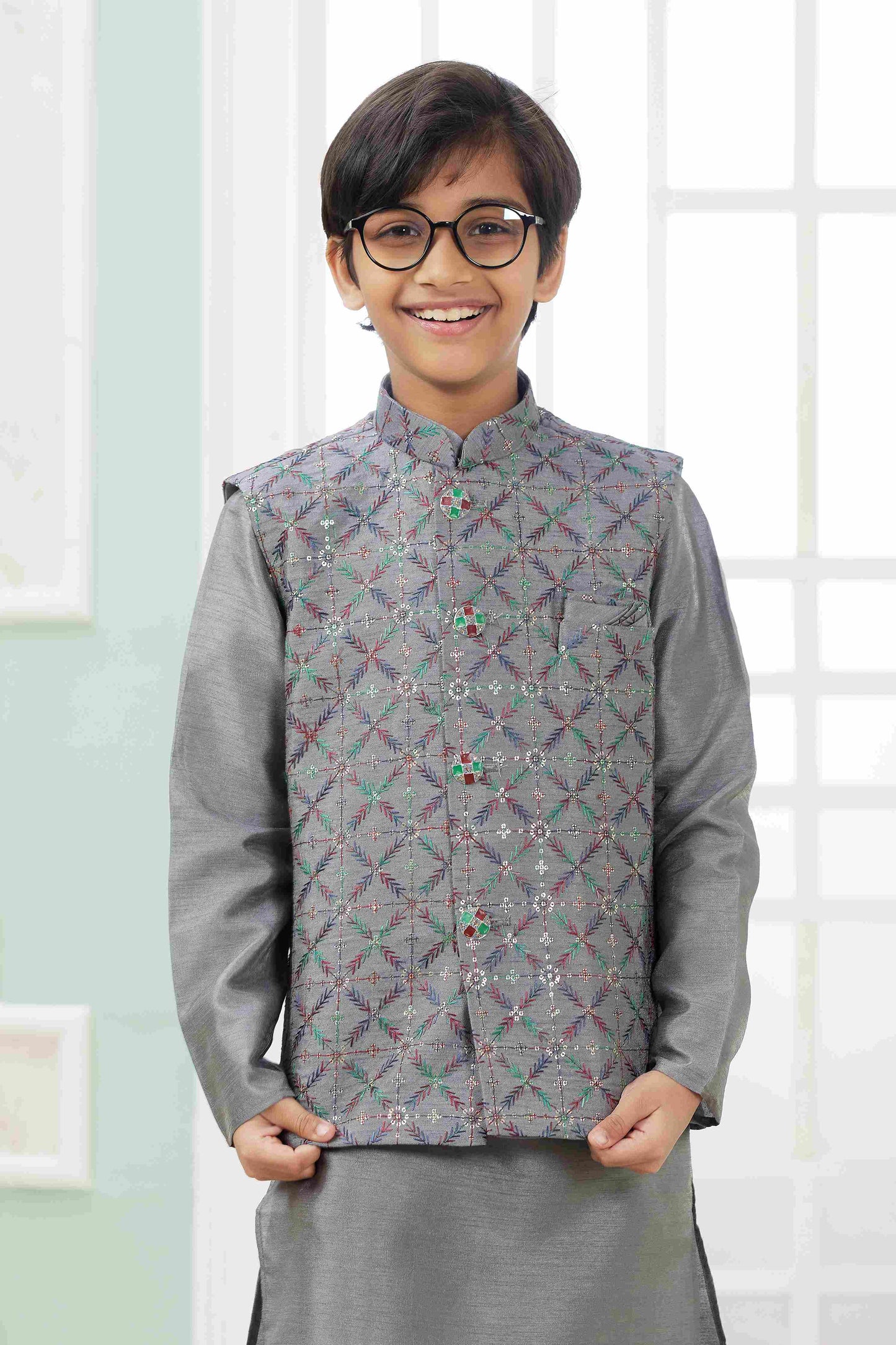 Raivat Ethnic Art Silk Embroidery Work 3 Pics Jacket Set In Dark Grey Colour