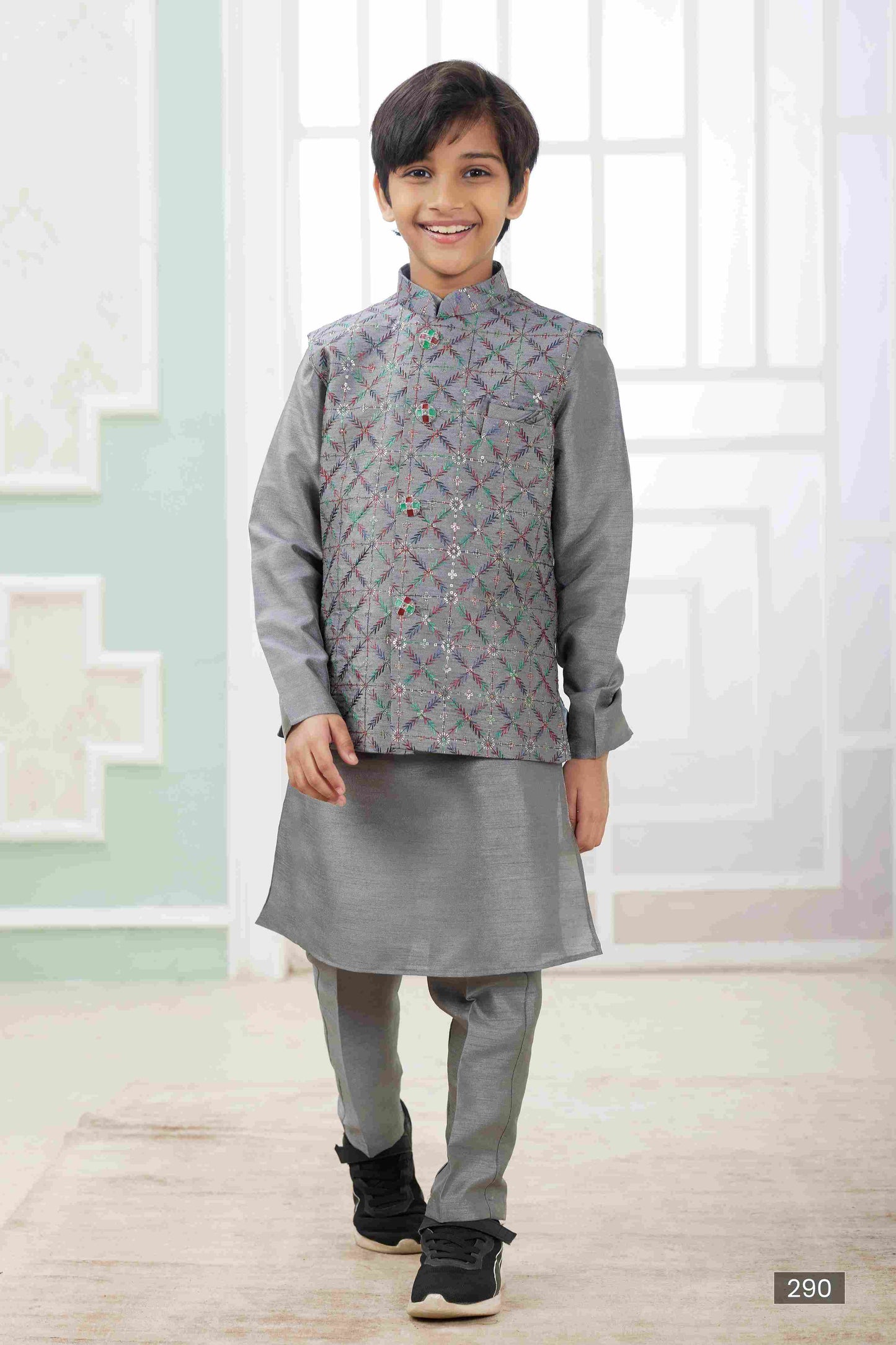 Raivat Ethnic Art Silk Embroidery Work 3 Pics Jacket Set In Dark Grey Colour