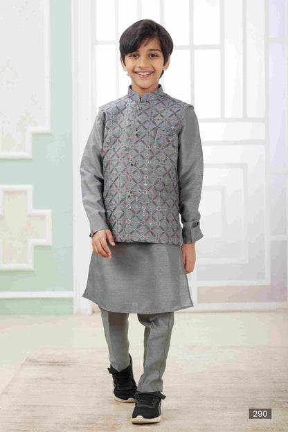 Raivat Ethnic Art Silk Embroidery Work 3 Pics Jacket Set In Dark Grey Colour