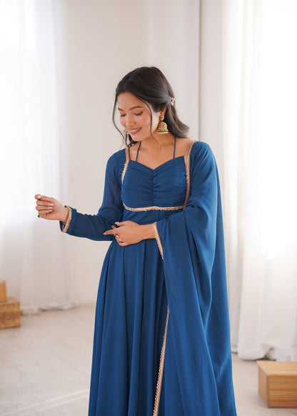 Lorenvalley Fashion Rama Faux Georgette Fancy Designer Yoke Dori Neck Anarkali Gown with Dupatta
