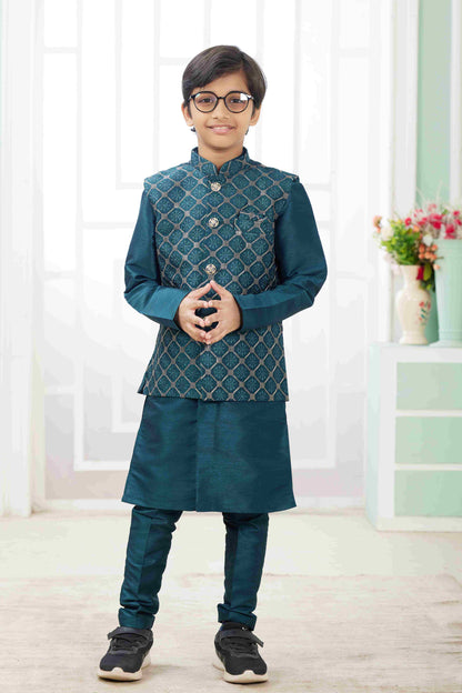 Raivat Ethnic Art Silk Embroidery Work 3 Pics Jacket Set In Teal Green Colour