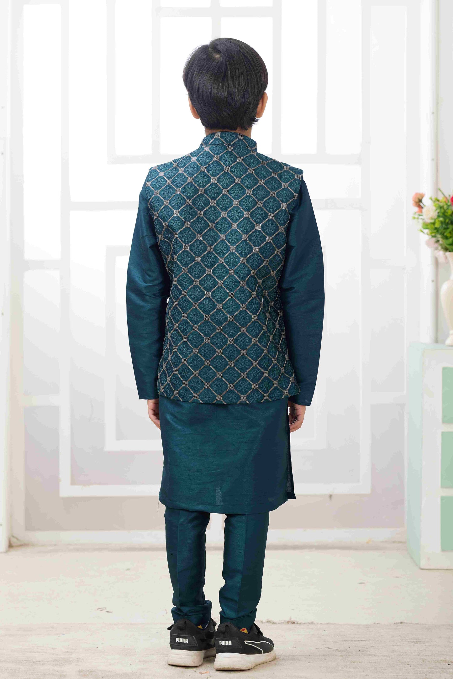 Raivat Ethnic Art Silk Embroidery Work 3 Pics Jacket Set In Teal Green Colour