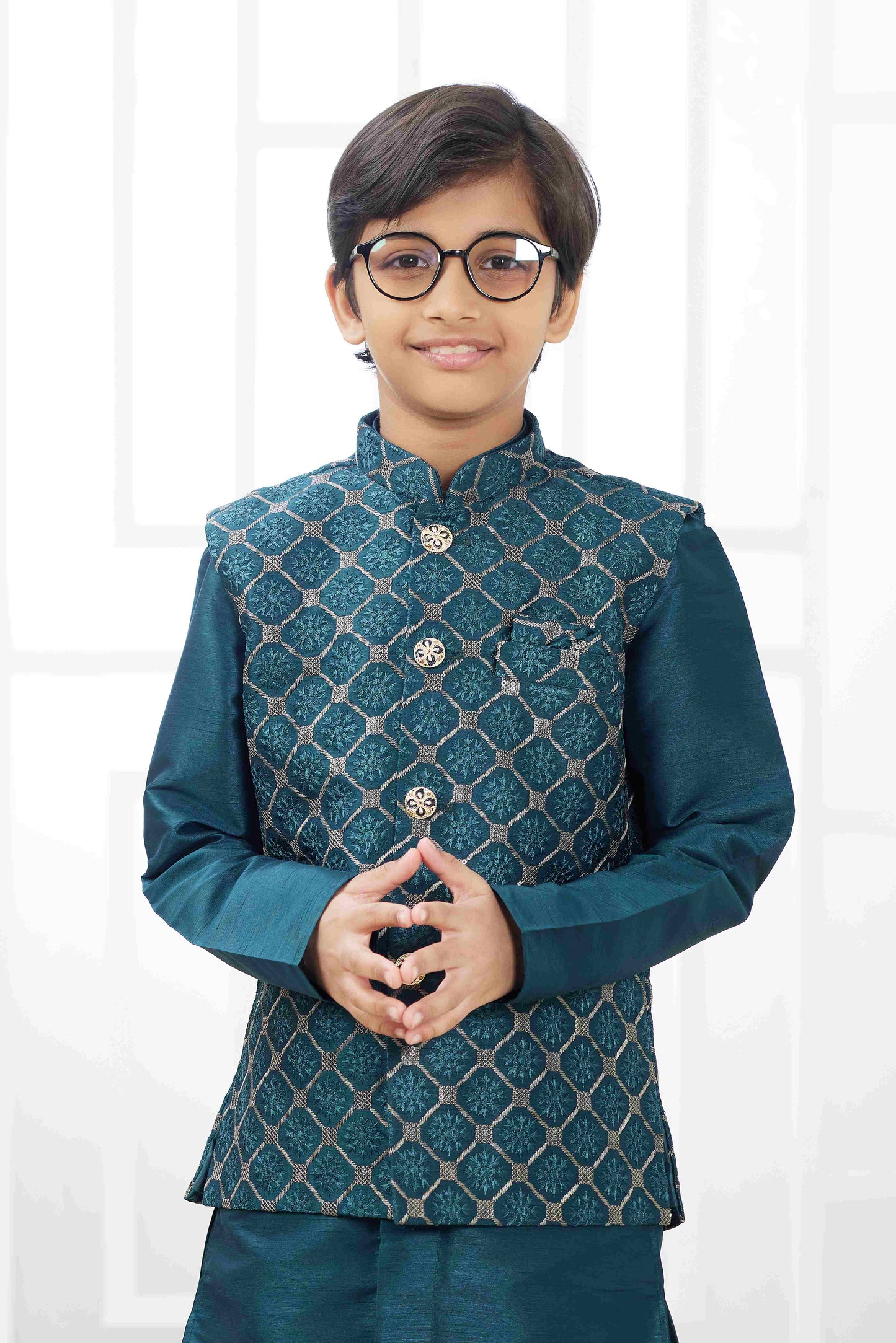 Raivat Ethnic Art Silk Embroidery Work 3 Pics Jacket Set In Teal Green Colour
