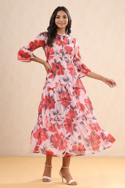 Juniper Womens Pink Chiffon Floral Printed Tiered Dress