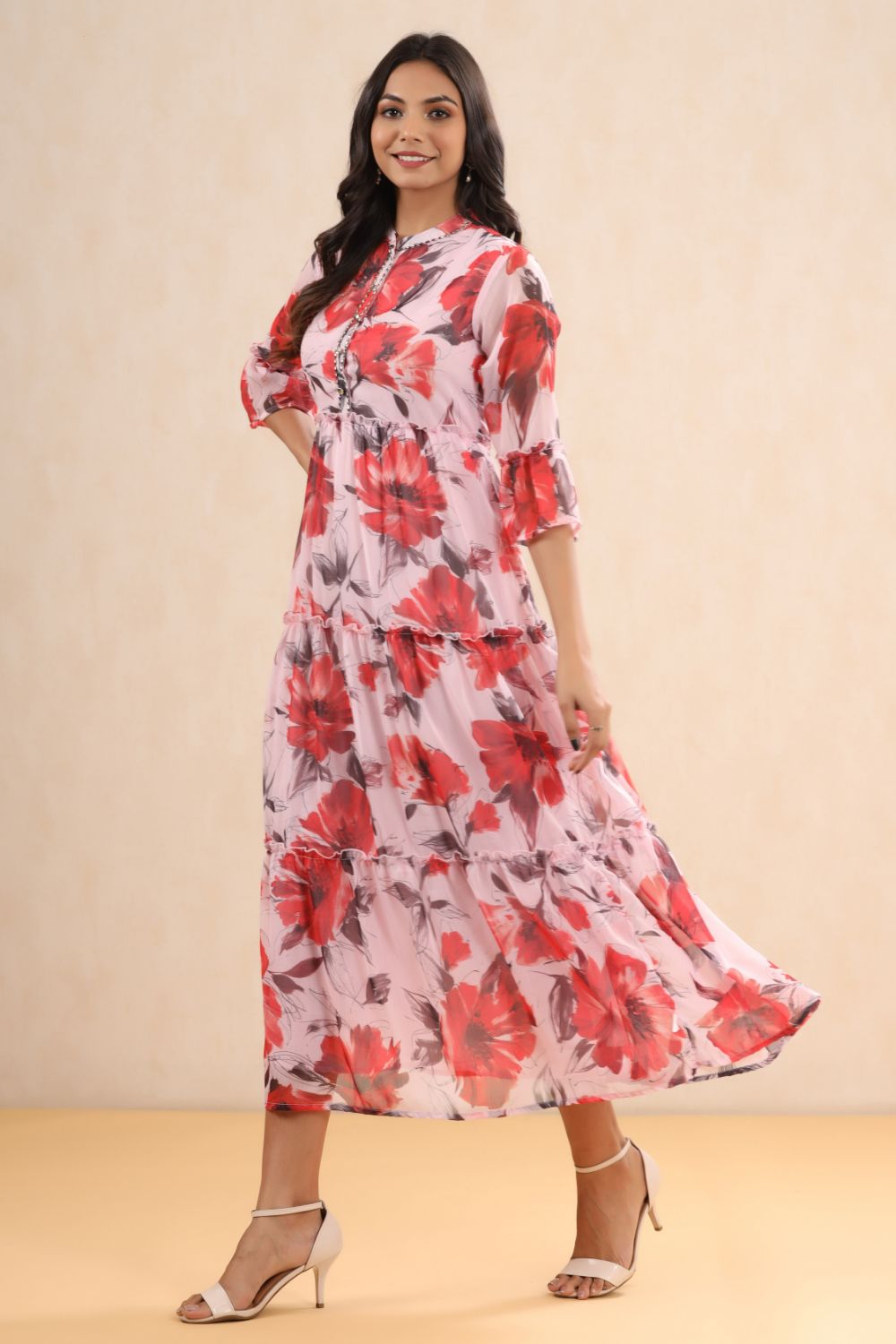 Juniper Womens Pink Chiffon Floral Printed Tiered Dress
