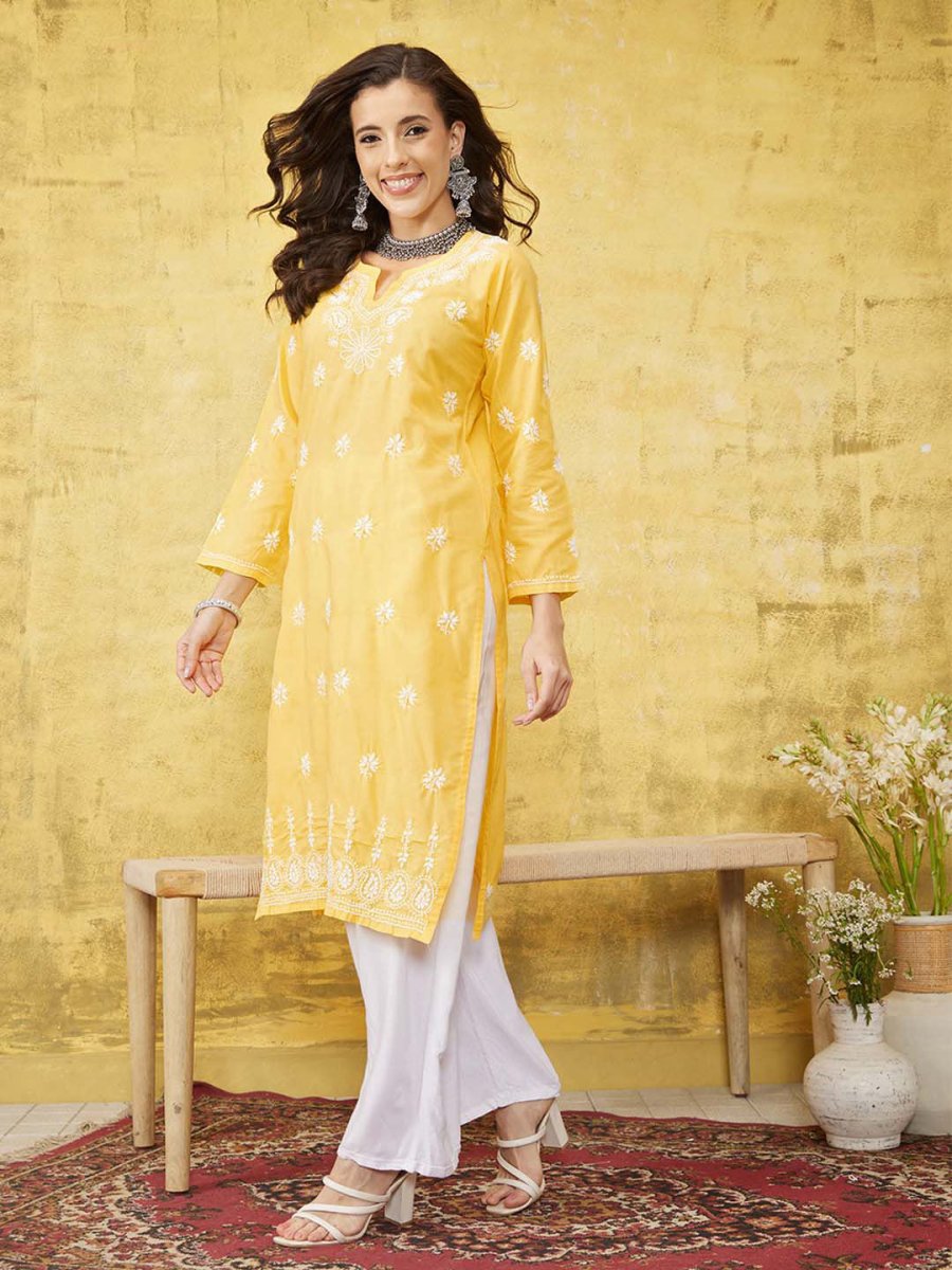 ADA Women Yellow & White Chikankari Embroidered Straight Sustainable Handloom Kurta